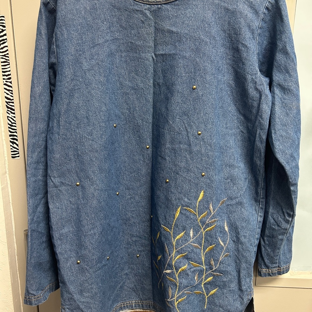 Stylish Blue Denim Mini Dress with Gold Leaf Embroidery